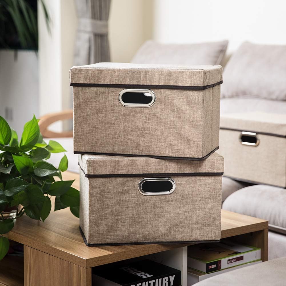 PRANDOM Collapsible Storage Cubes with Lids [3-Pack] Jute Fabric Foldable Storage Boxes Organizer