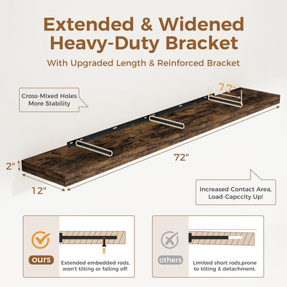 Fun Memories 72 Inch Floating Shelf, 12 Inch Deep Wall Shelf for Fireplace Mantel, Deep Storage