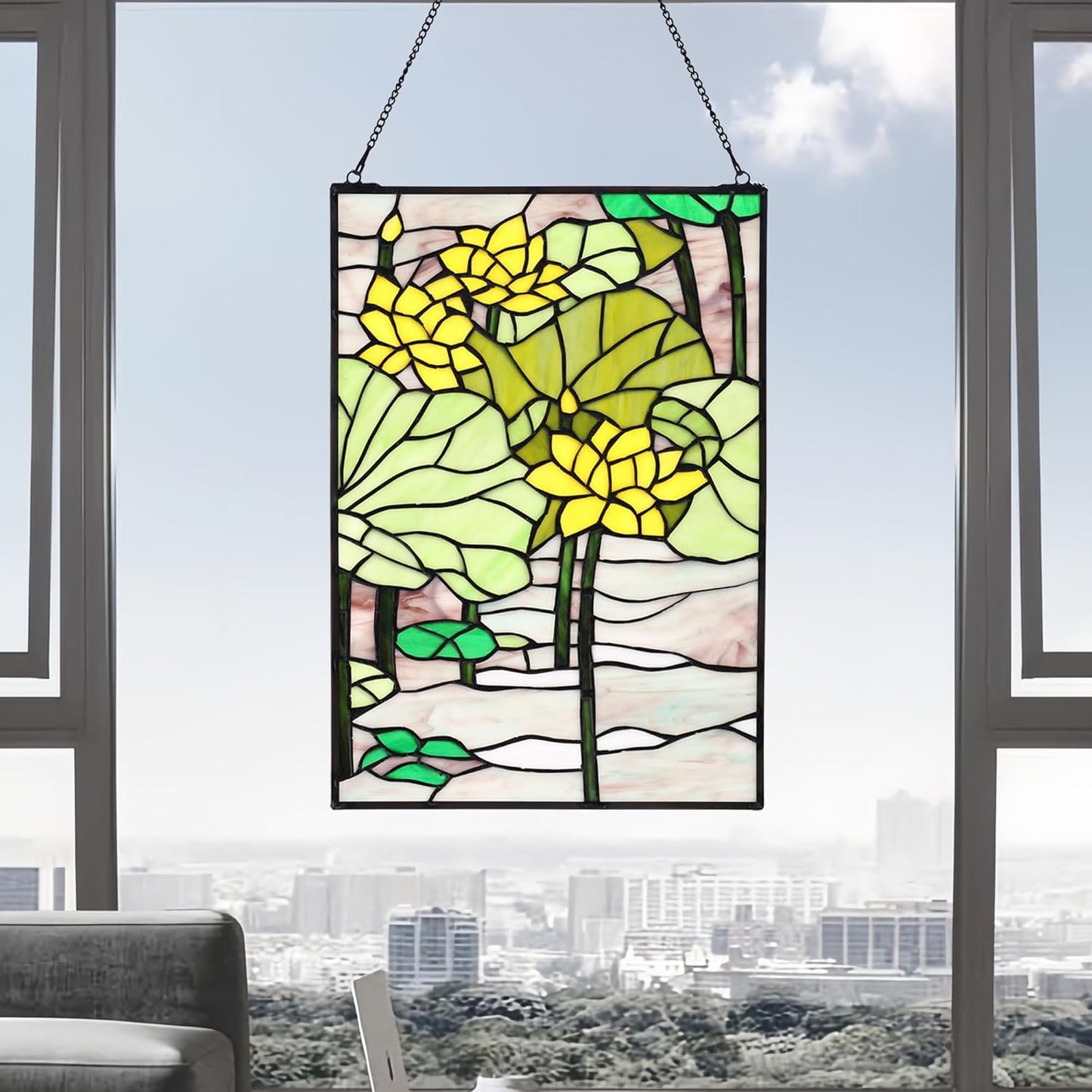 YOURANJU Stained Glass Window Hanging 16" H x 11" W Tiffany Style Rectangular Window Panel Suitable
