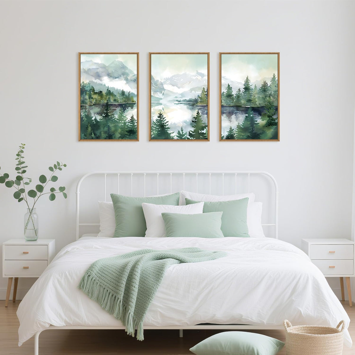 Watercolor Mountain Framed Canvas Wall Art Set, Boho Forest Wall Decor, Nature Green Pines Wall