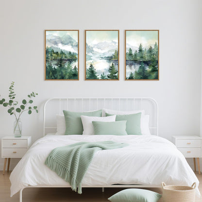 Celestdeco Watercolor Mountain Framed Canvas Wall Art Set, Boho Forest Wall Decor, Nature Green