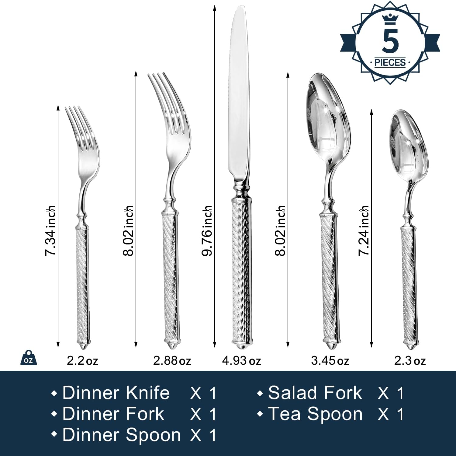 KINGSTONE Retro Rope-Pattern Silverware Set, 5-Piece Flatware Set Cutlery Set Forged with