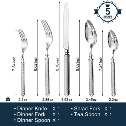 KINGSTONE Retro Rope-Pattern Silverware Set, 5-Piece Flatware Set Cutlery Set Forged with