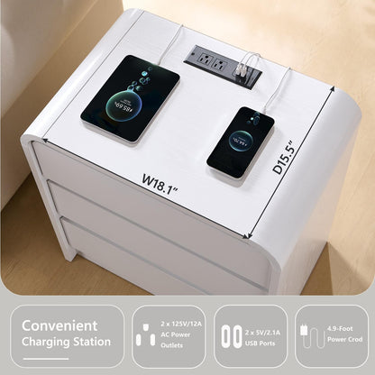 25" Tall Modern Nightstand Set of 2, 23.6" Wide Wood Bedside Table with Charging Station, 3 Storage