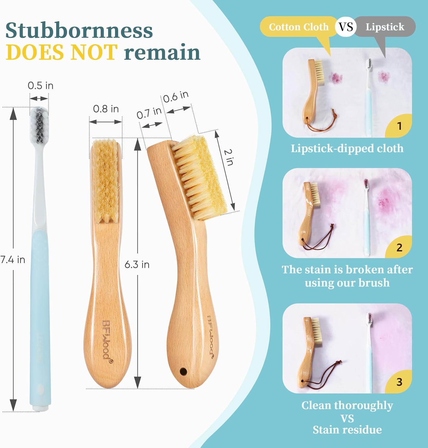 BFWood Laundry Stain Brush, Natural Soft Boar Bristles, Removes Tough Stains from Delicate Fabrics