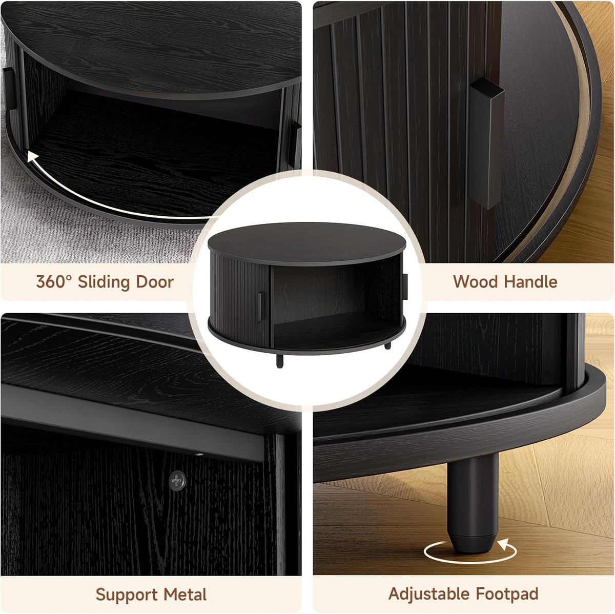 Round Coffee Table with Storage, 31.5" Modern Coffee Table with 360° Curved Sliding Door, Fluted
