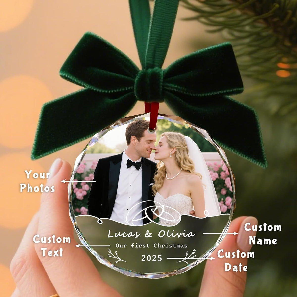 Custom Christmas Ornament Glass-Personalized Christmas Ornaments with Photo/Name/Date/Text,Wedding