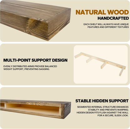 Floating Shelves 3 inch Thick for Wall Set of 2,Solid Pine Wood Wall Mount Shelf for Kitchen Living