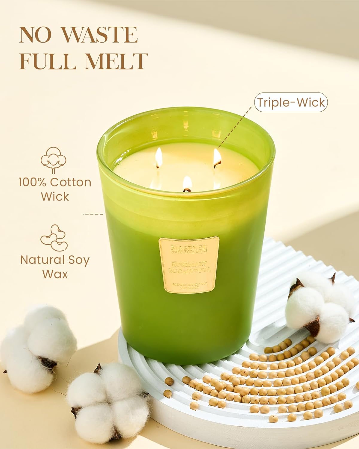 M&SENSE Rosemary Eucalyptus Scented Candle 35oz 150H Burn Time Long Lasting, 3-Wick Natural