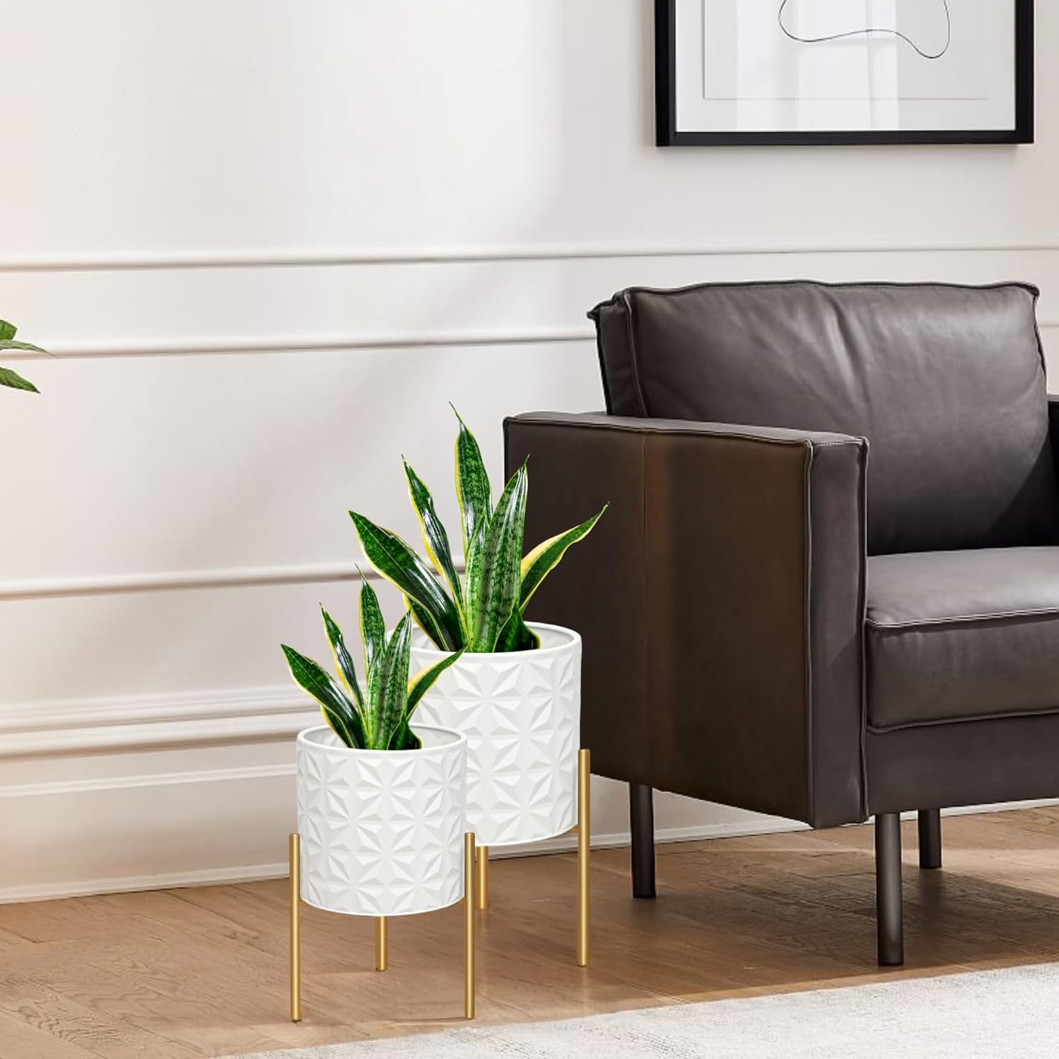 ARNIS Modern Planter Pots, Set of 2 Large Planters with Stand, Decorative Planters, Metal Pots with