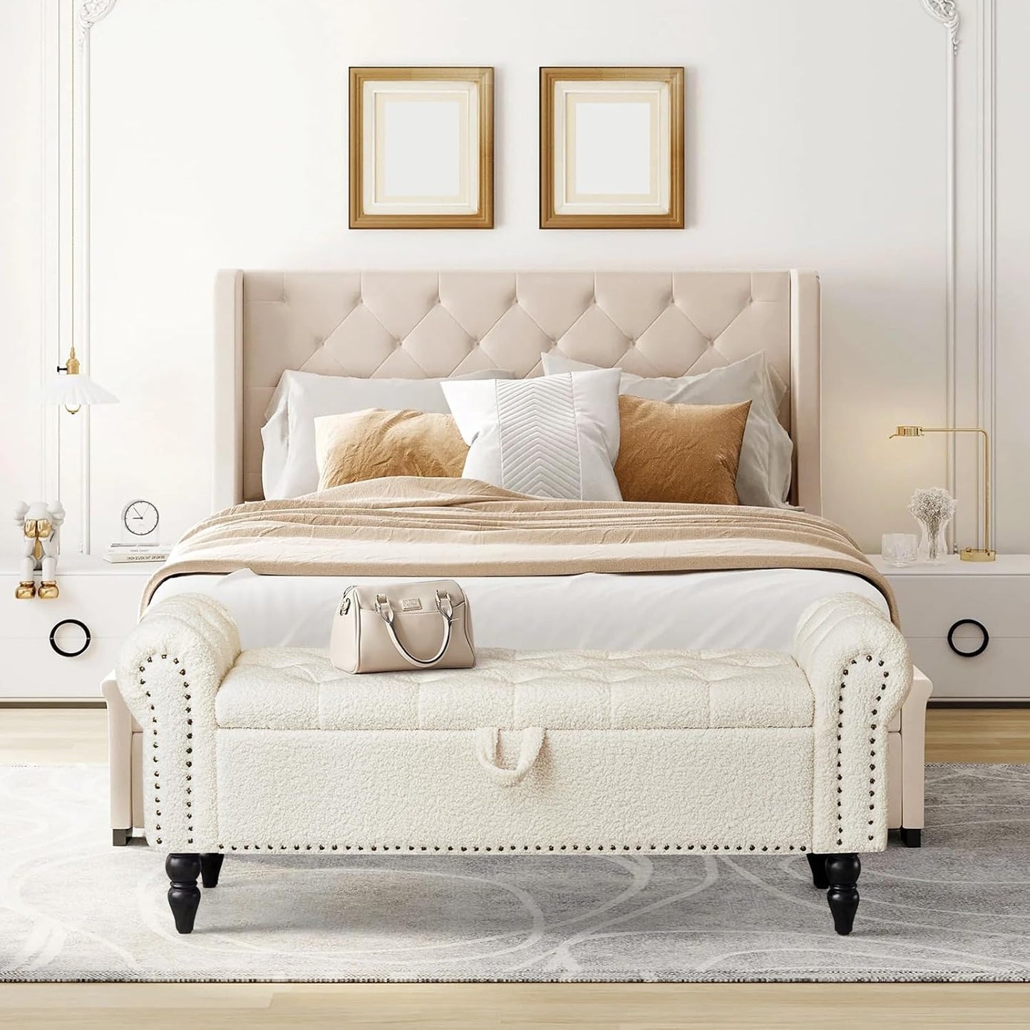 Furniliving Modern Storage Ottoman Bench, Sherpa Ottoman End of Bed Bench with Solid Wood Legs