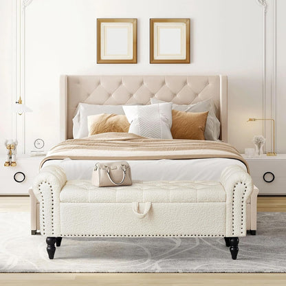 Furniliving Modern Storage Ottoman Bench, Sherpa Ottoman End of Bed Bench with Solid Wood Legs