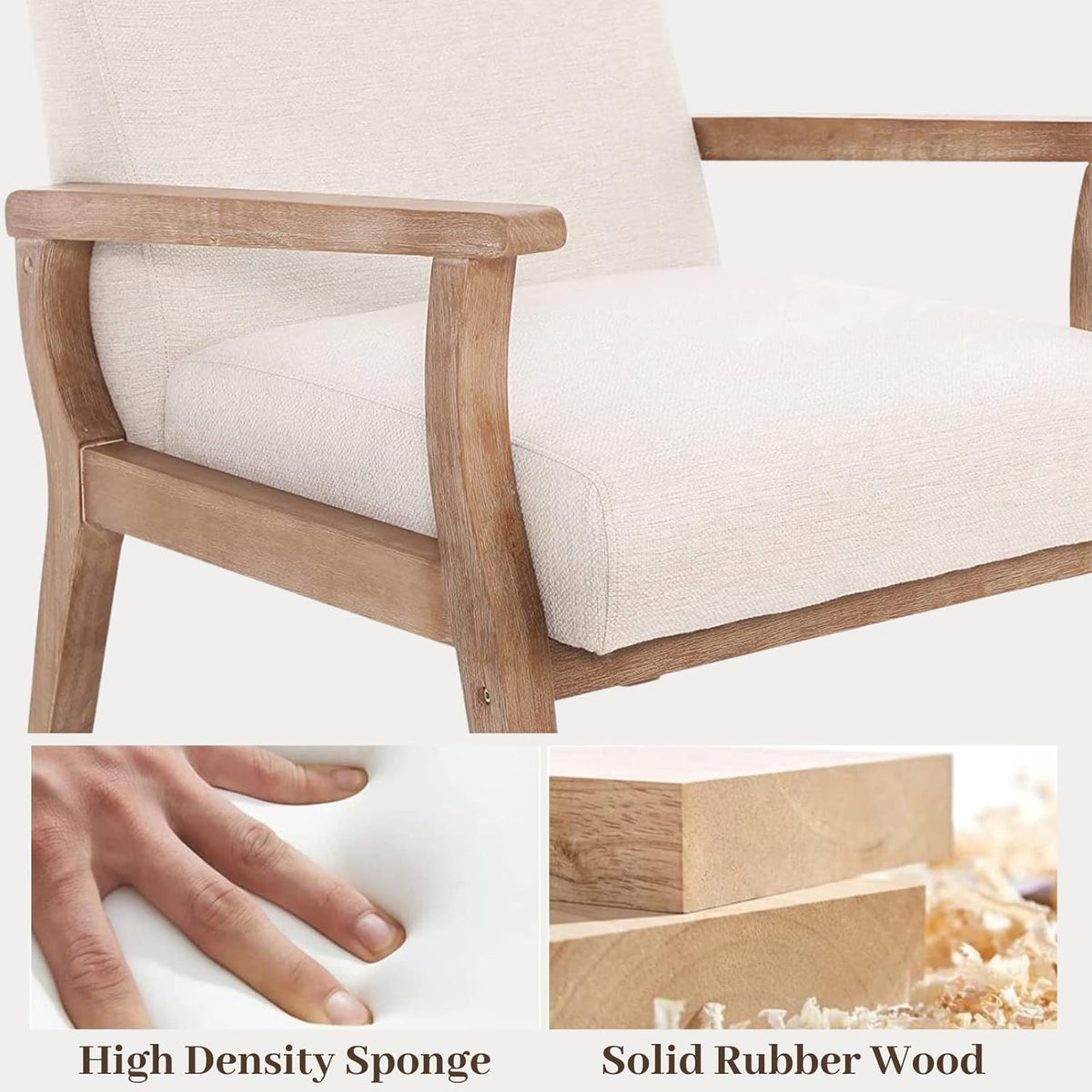 Beige Accent Chair Mid Century Modern Armchair Wood Sitting Chair Linen Fabric Upholstered Side