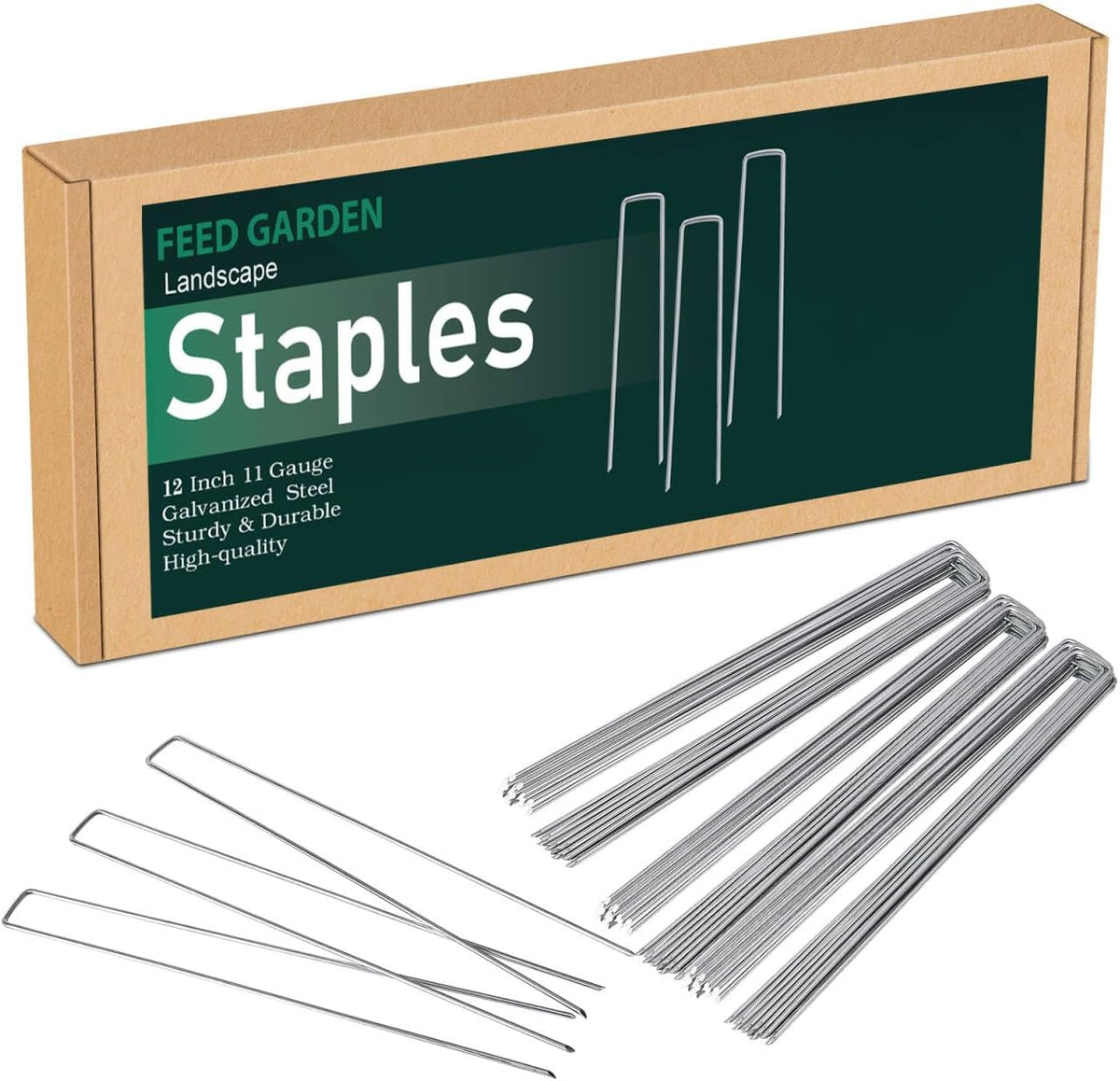 FEED GARDEN 12 Inch 50 Pack Galvanized Landscape Staples 11 Gauge Anti-Rust Garden Stakes