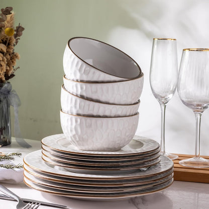 GBHOME Ceramic Dinnerware Sets,12 pcs Embossed Elegant Stoneware Plates and Bowls Sets