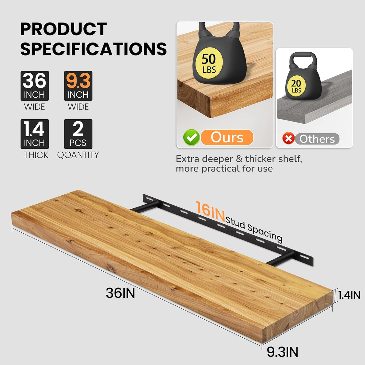 Fun Memories Floating Shelves for Wall, 36"x9.3" Rustic Solid Elm Wood Shelves, Heavy-Duty Wall