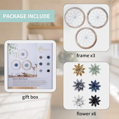 Paquesta 3 Piece Round Farmhouse Wall Decor with 6 Piece Interchangeable Flowers 12'' Medallion
