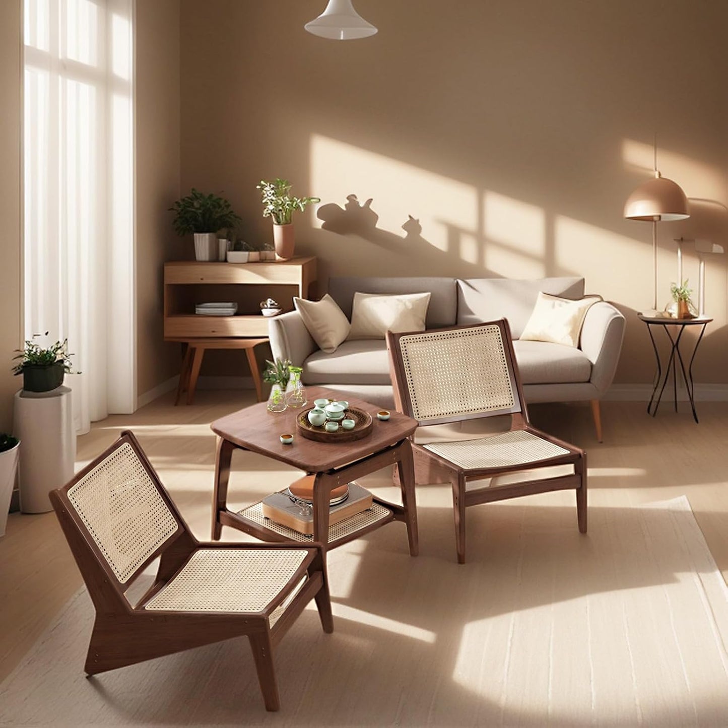Rattan Chair 2Pcs, Mid-Century Accent Chair, Rattan Lounge Chair for Living Room, Boho Side Corner