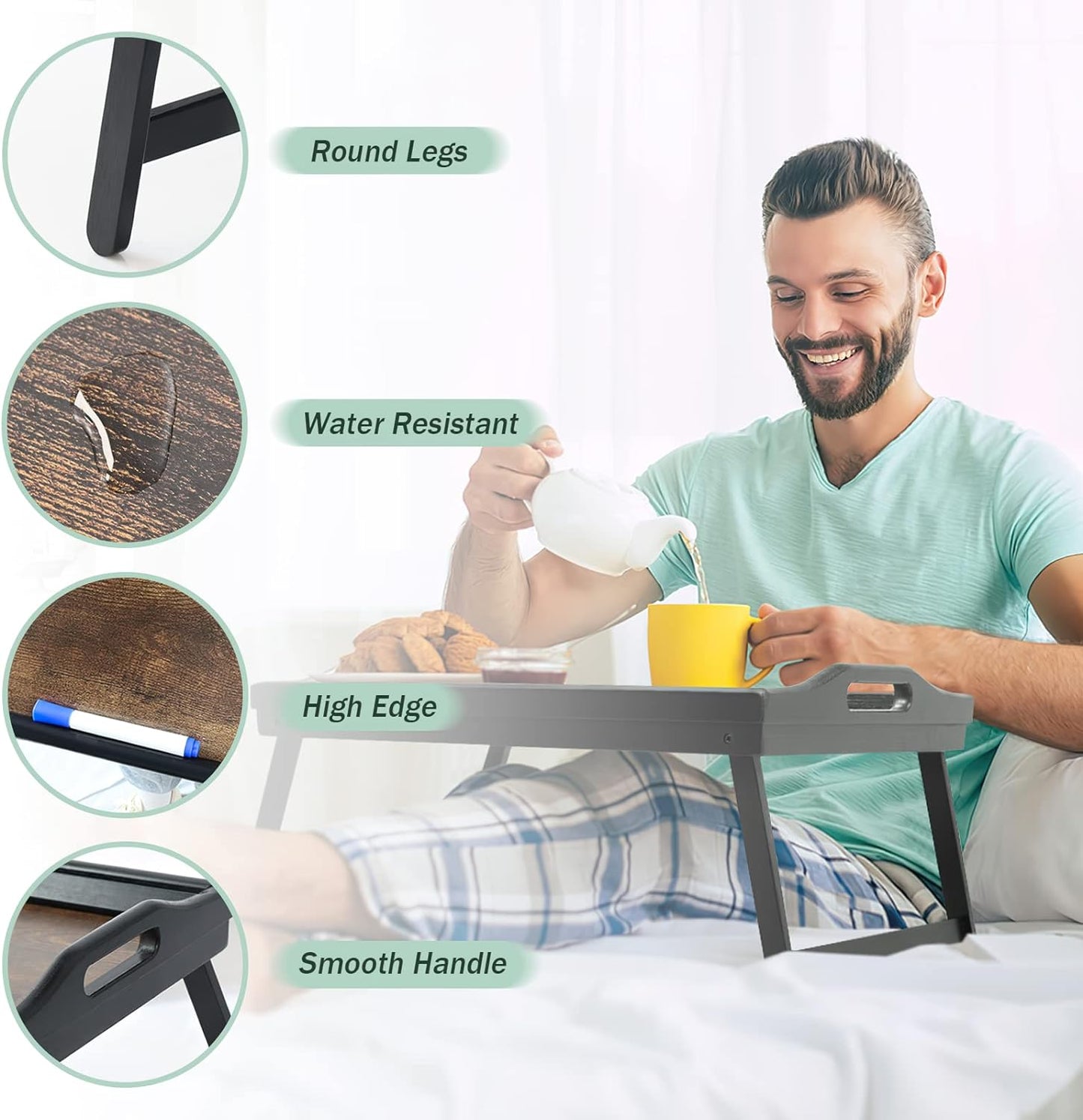 2 Pack Bed Tray Table Breakfast Trays Serving Tray Bamboo Bed Laptap Floding Legs with Handles and