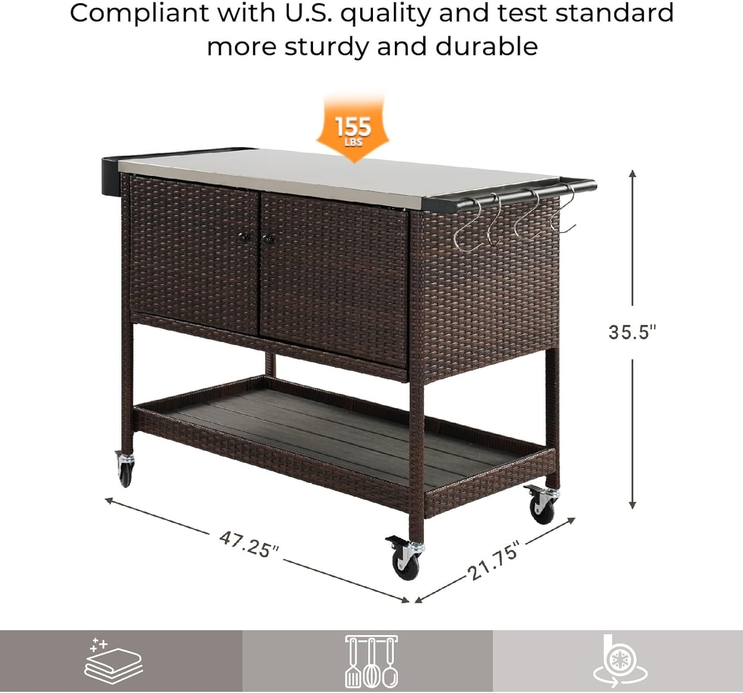 Grand patio Outdoor Wicker Bar Cart, Outdoor Bar Table with Stainless Steel Tabletop, Patio Kitchen