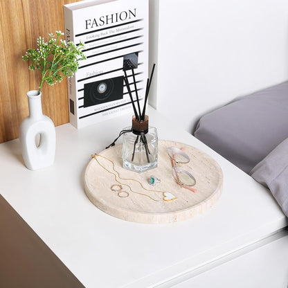 BCS Natural Travertine Tray, 9.8" Round Decorative Marble Vanity Tray for Bathroom Countertop