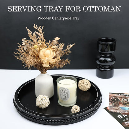 Round Black Wood Serving Tray with Beads, Wooden Decorative Tray for Entertaining, Decoration, and