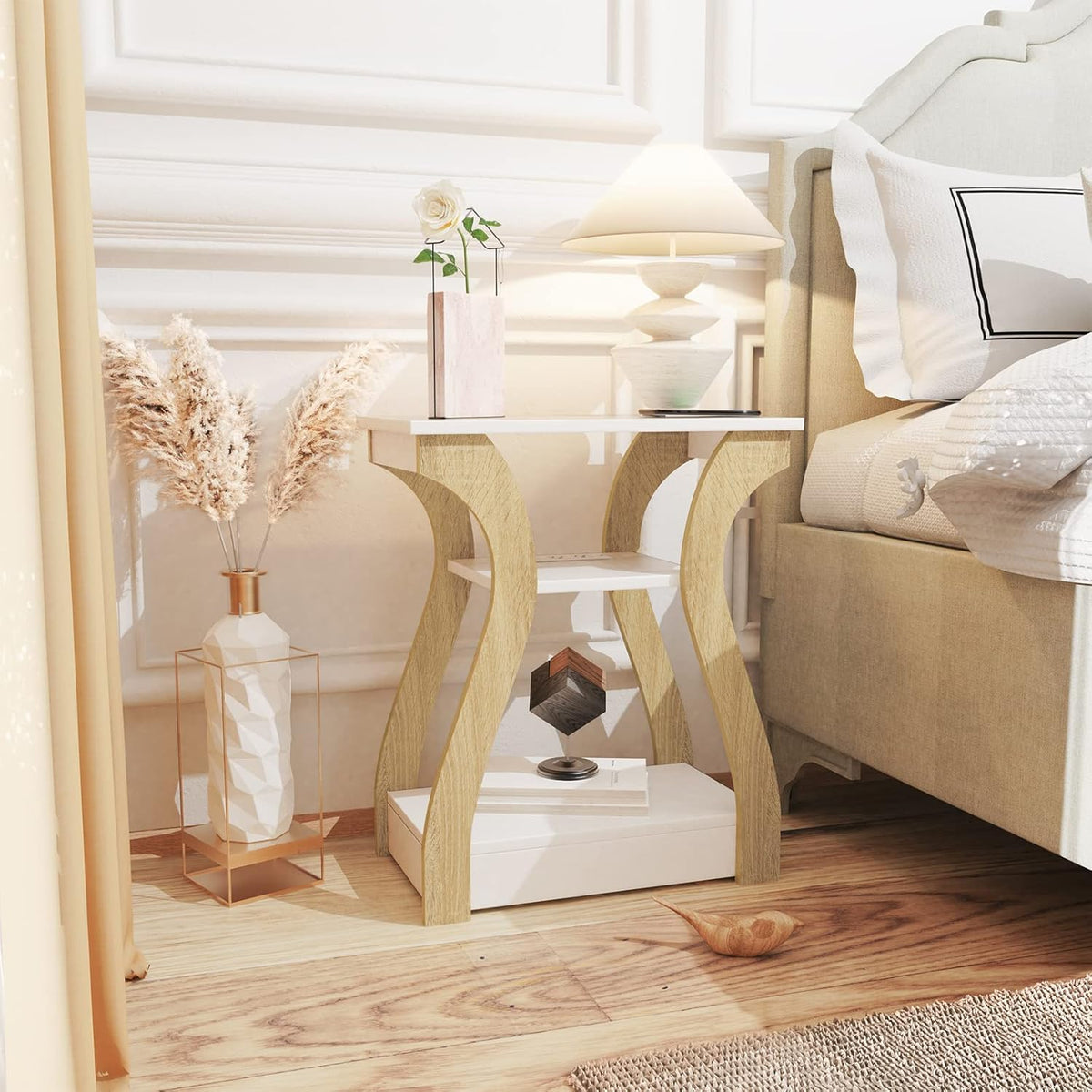 End Table with Charging Station, Side Table with USB Ports and Outlets, Nightstand, 3 Tier End