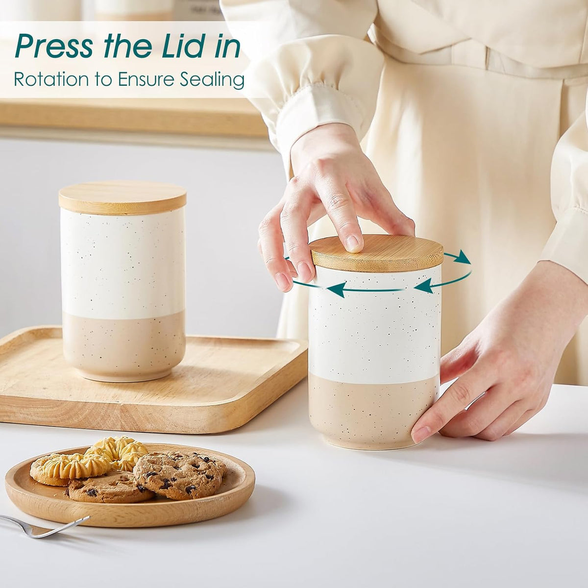 vancasso Sabine Ceramic Canister Set with Airtight Wood Lids - 4-Piece Small Kitchen Storage for