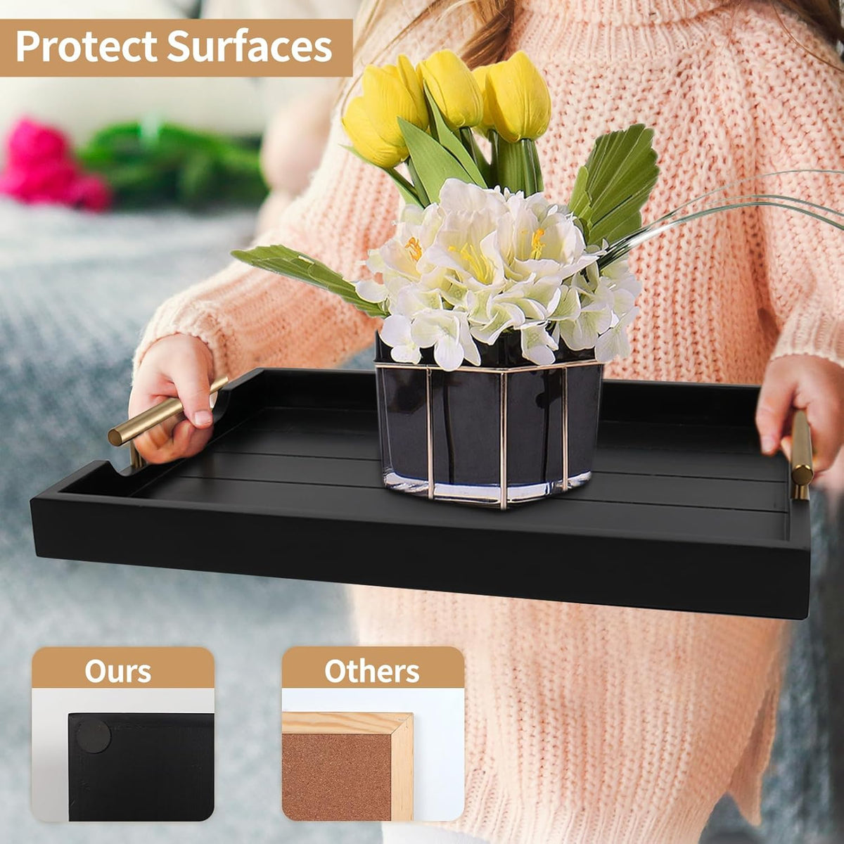 Coffee Table Trays - Large Ottoman Tray for Living Room - Wood Serving Trays with Handles(2 Sets)