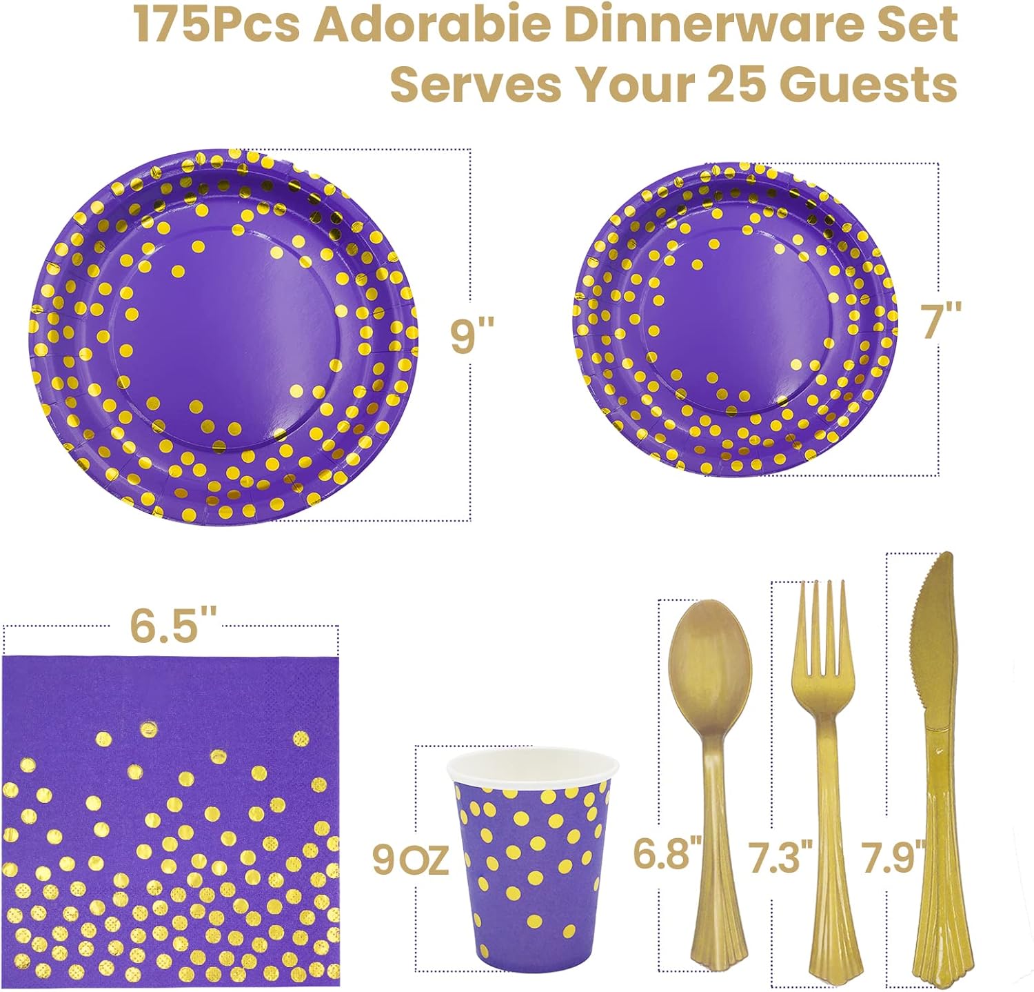 AIRE 175PCS Purple Gold Paper Plates Party Supplies for 25 Guests Party Decorations Disposable