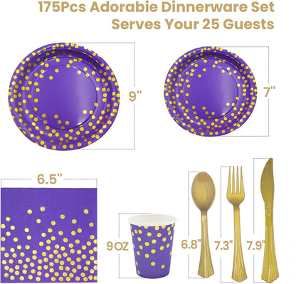AIRE 175PCS Purple Gold Paper Plates Party Supplies for 25 Guests Party Decorations Disposable