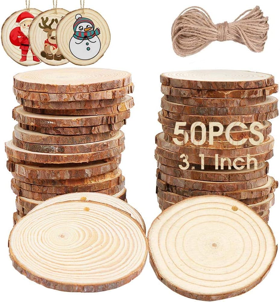 AerWo Natural Wood Slices Christmas Ornaments, 50 Pcs 2.7-3.1 Inches Small Wood Slices with Holes