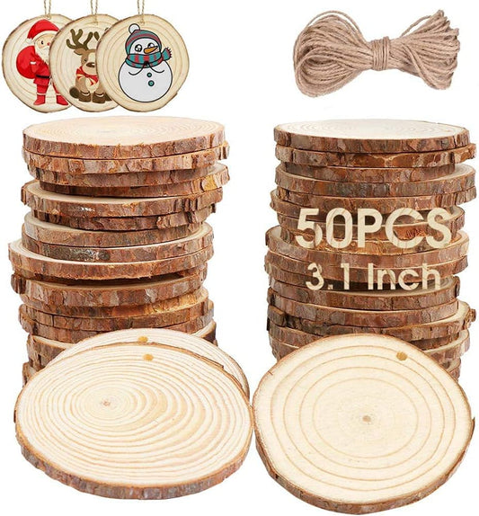 AerWo Natural Wood Slices Christmas Ornaments, 50 Pcs 2.7-3.1 Inches Small Wood Slices with Holes