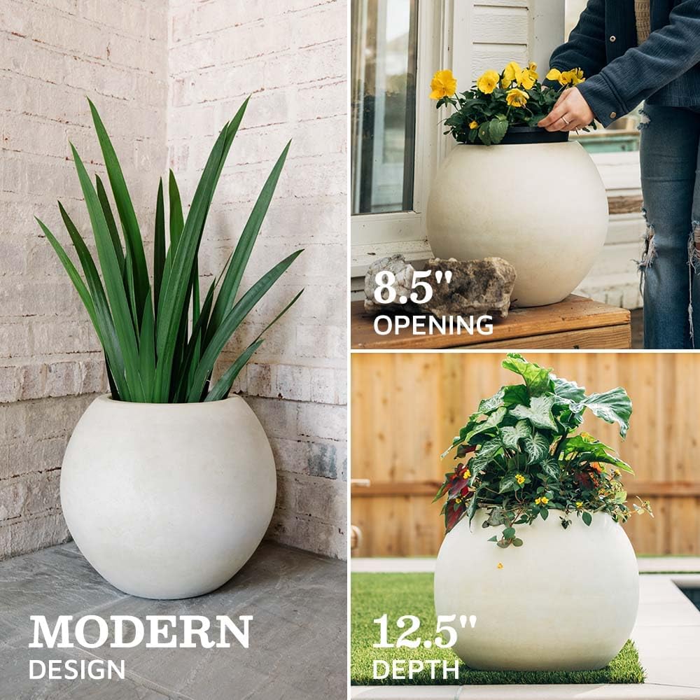 Ash & Ember Onyx 16" D Ceramic Indoor Outdoor Round Sphere Planter, Satin Ivory, Home Decor