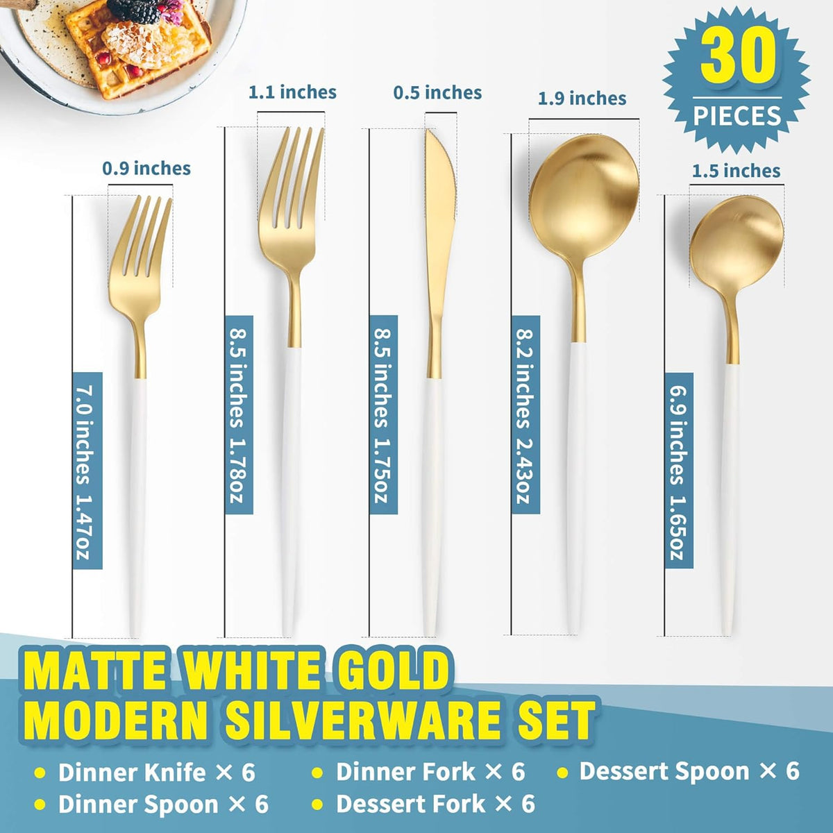 Matte White Gold Silverware Set for 6,Modern Stainless Steel Brushed Cutlery Set,30-Pieces Heavy
