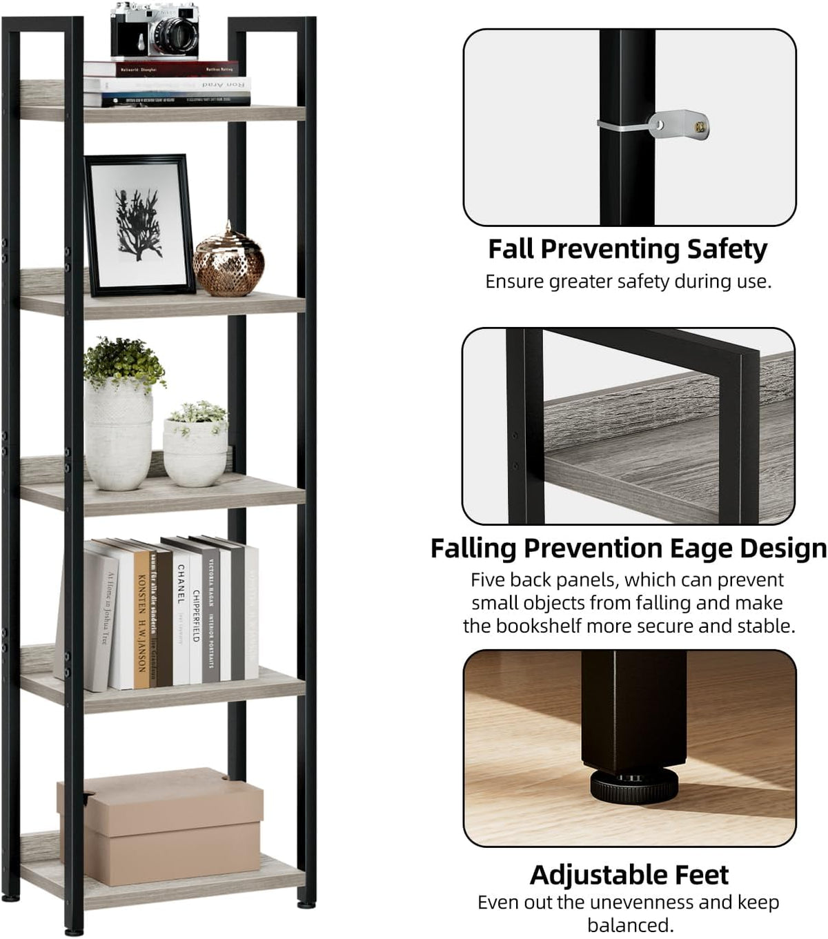 NUMENN Narrow Bookshelf, 5 Tier Bookshelves, Home Office Bookcase Shelf Storage Organizer, Free