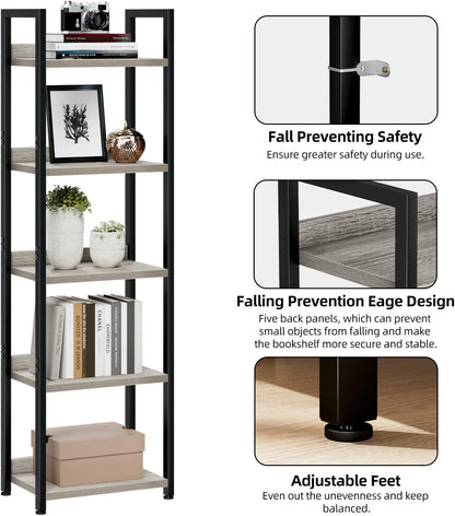 NUMENN Narrow Bookshelf, 5 Tier Bookshelves, Home Office Bookcase Shelf Storage Organizer, Free