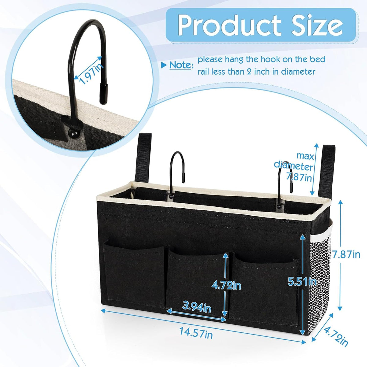 Bedside Storage Caddy/Bedside Hanging Storage Bag for Headboards Bunk Beds Dorm Rooms Book Phone