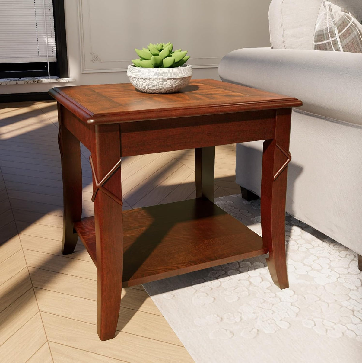 Solid Wood End Table with Storage Shelf, Vintage Rectangle Sofa Side Table with Splicing Tabletop
