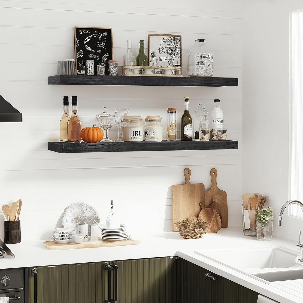 Floating Wall Shelves 2-Pack - 36-Inch Rustic Black Wooden Shelves for Storage and Décor, Easy
