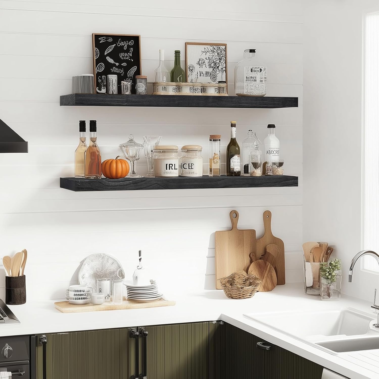 Floating Wall Shelves 2-Pack - 36-Inch Rustic Black Wooden Shelves for Storage and Décor, Easy