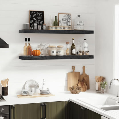 Floating Wall Shelves 2-Pack - 36-Inch Rustic Black Wooden Shelves for Storage and Décor, Easy