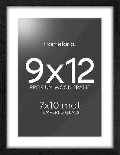Homeforia 9x12 Black Wood Picture Frame, High End Oak 9 x 12 Frames with Mat 7 by 10 Art, 9by12