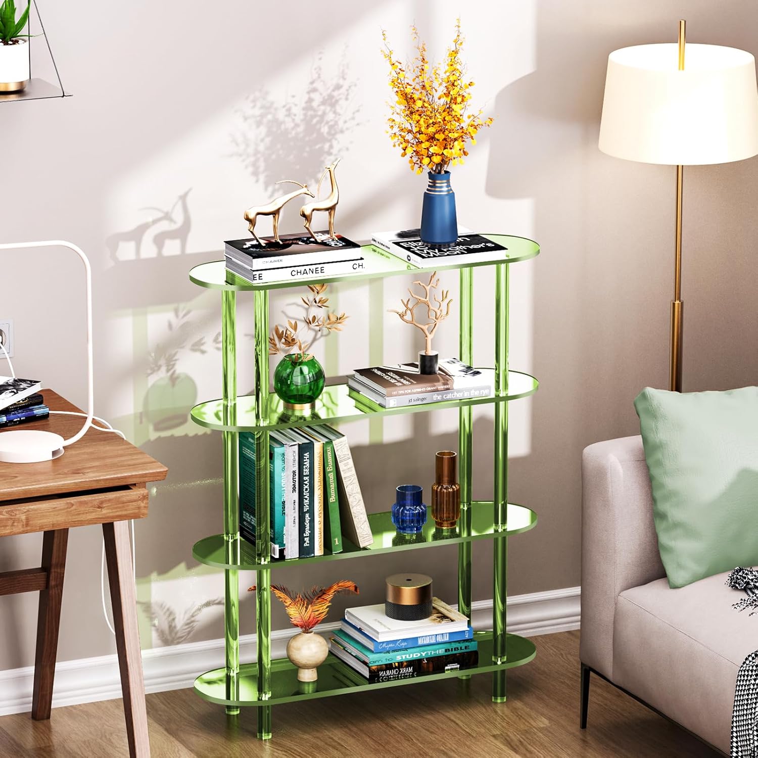 Clear Bookshelf, Acrylic Bookcase with Open Book Shelf Console Table for Entryway Office (4 Tier