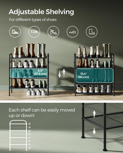 SONGMICS Shoe Rack, 4-Tier Shoe Organizer, Metal Shoe Shelf Storage with 4 Side Hooks, Holds 15
