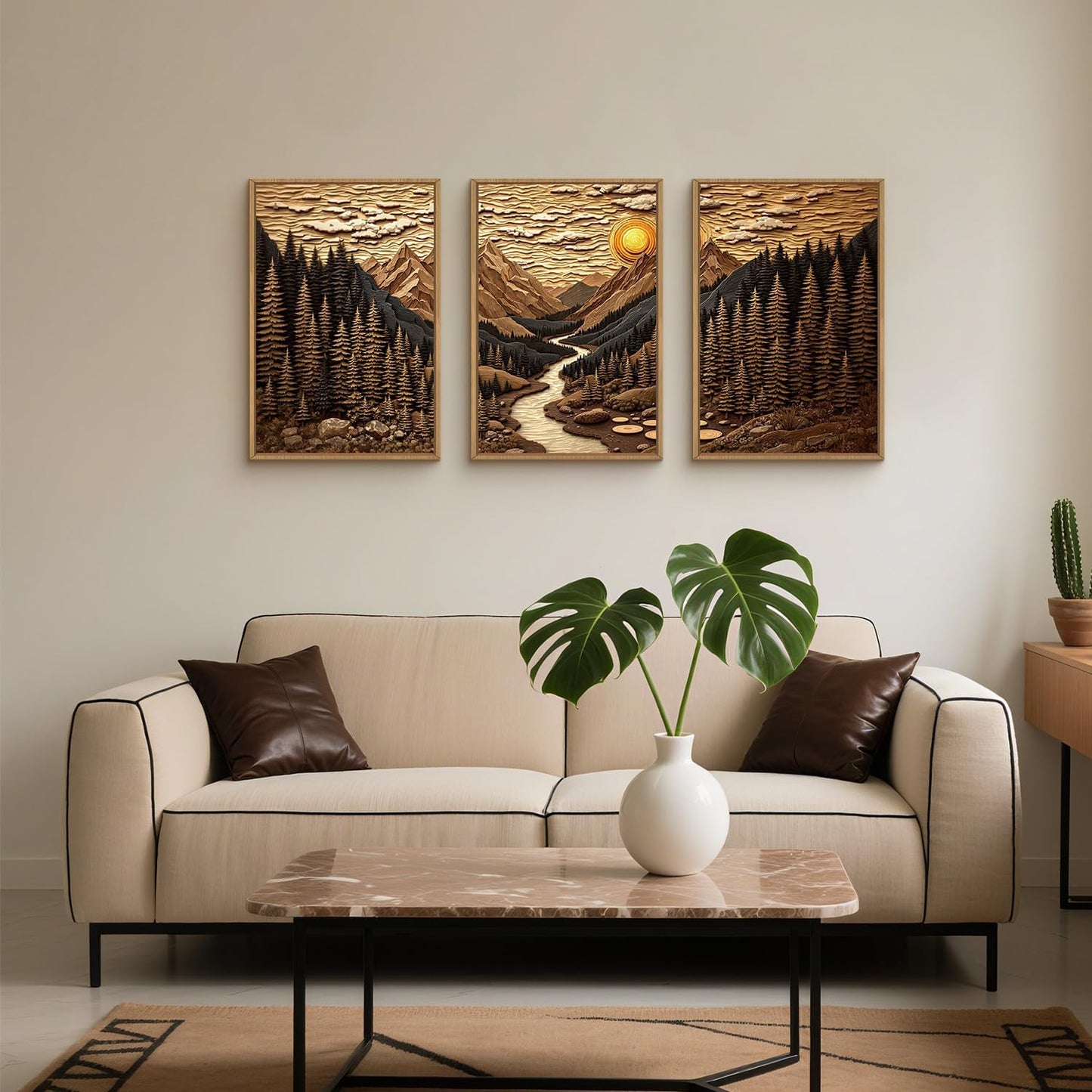 HPINUB Abstract Landscape Mountain Canvas Wall Art Set, Vibrant Sun Forest Pine Tree Wall Decor