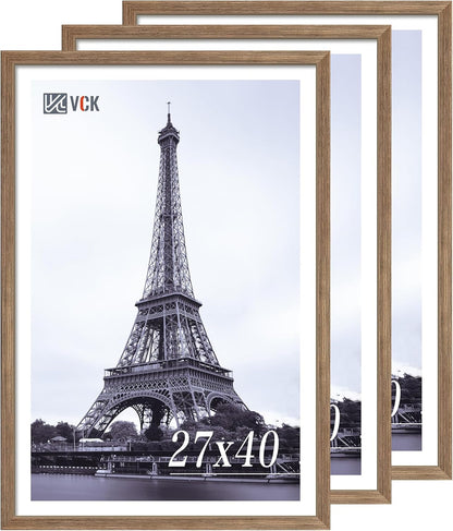 VCK 27x40 Poster Frame 3 Pack - Brown Walnut, Natural Textured Solid Wood Picture Frame, Wall