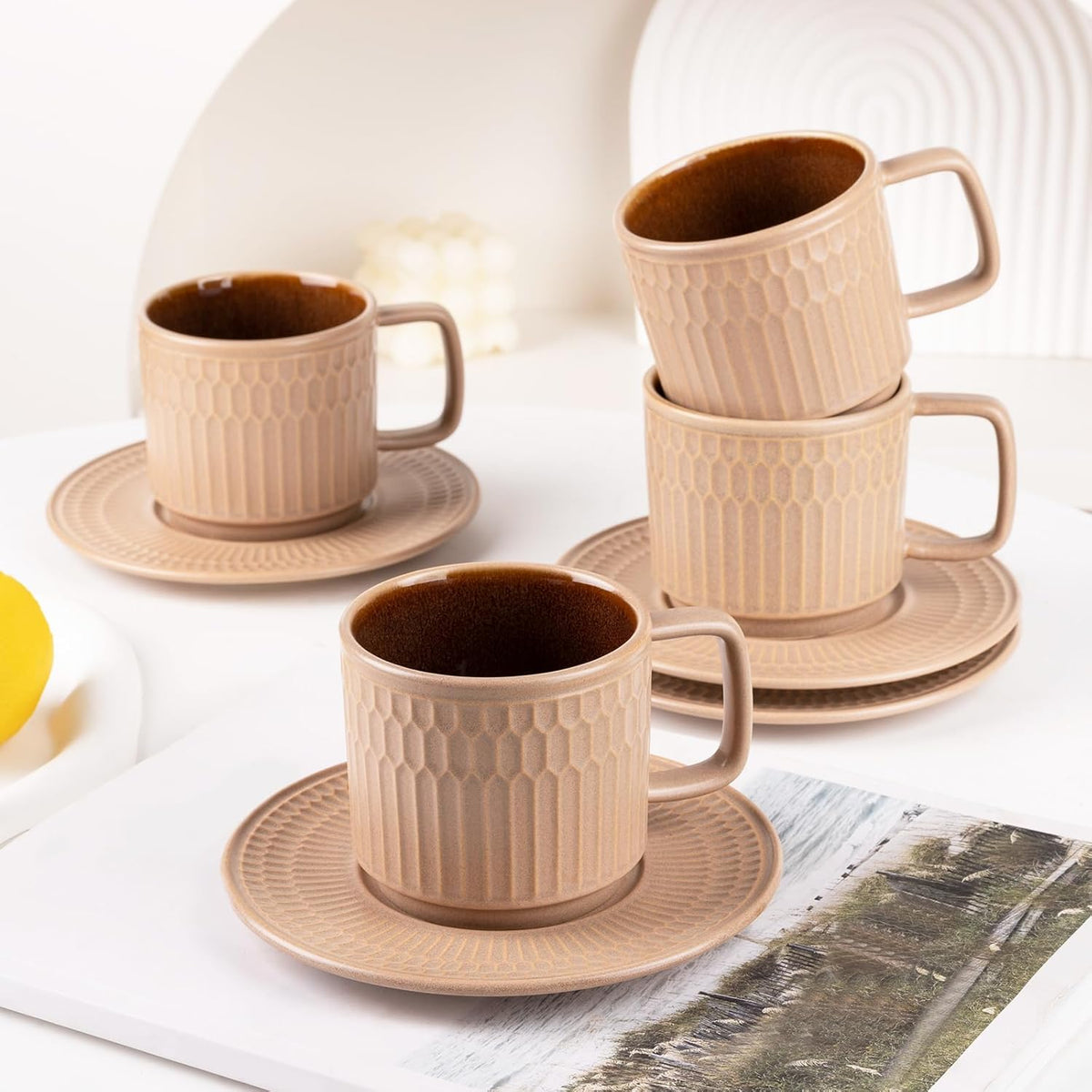 Large Cappuccino Cups with Saucers Set of 4, 8 Ounce Stackable Embossed Ceramic Coffee Mugs for