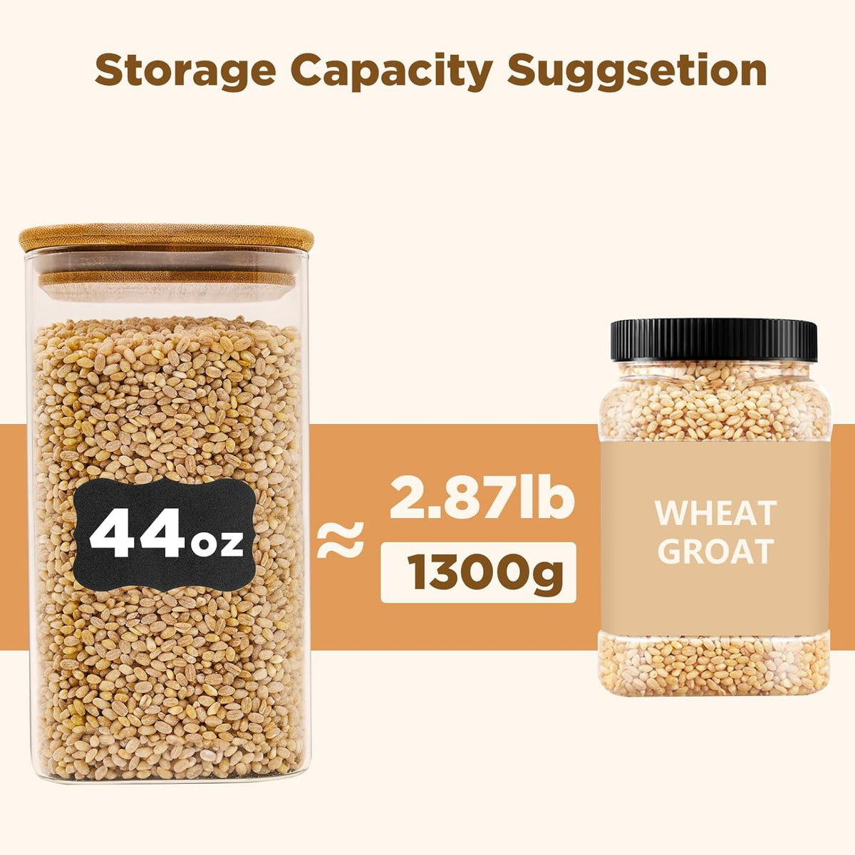 Glass Food Storage Jars Square 44oz, 3 Pack Glass Jars With Bamboo Lids, Kitchen Storage Containers