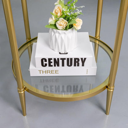 2 Tier Round Side Table, Gold End Table with Glass Top, Modern Metal Clear Coffee Tables, Small